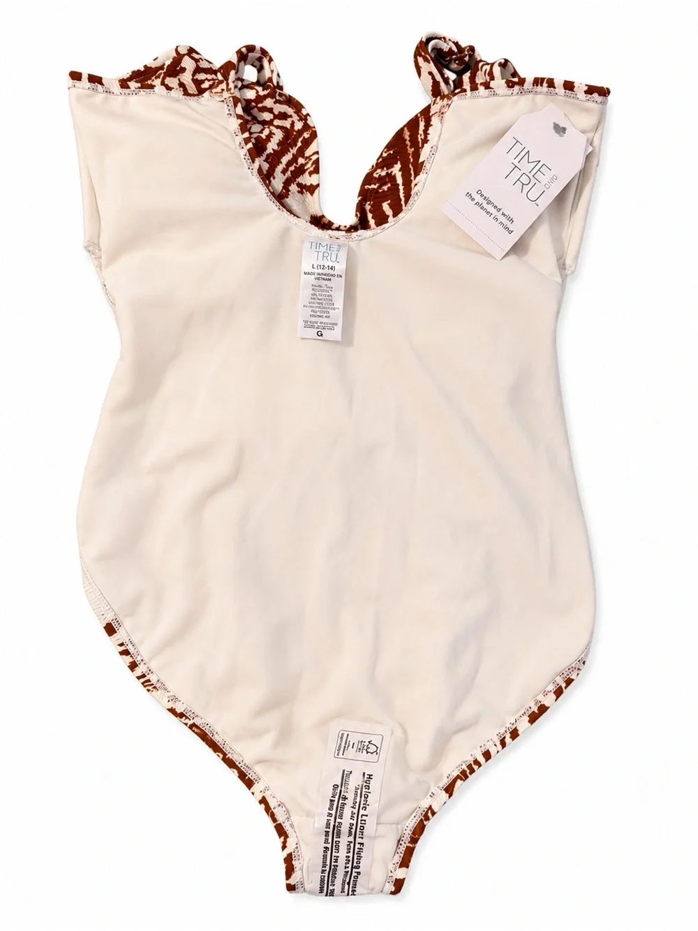 Time and Tru One Piece Swimsuit Belted Brown Cream Print Size L NWT